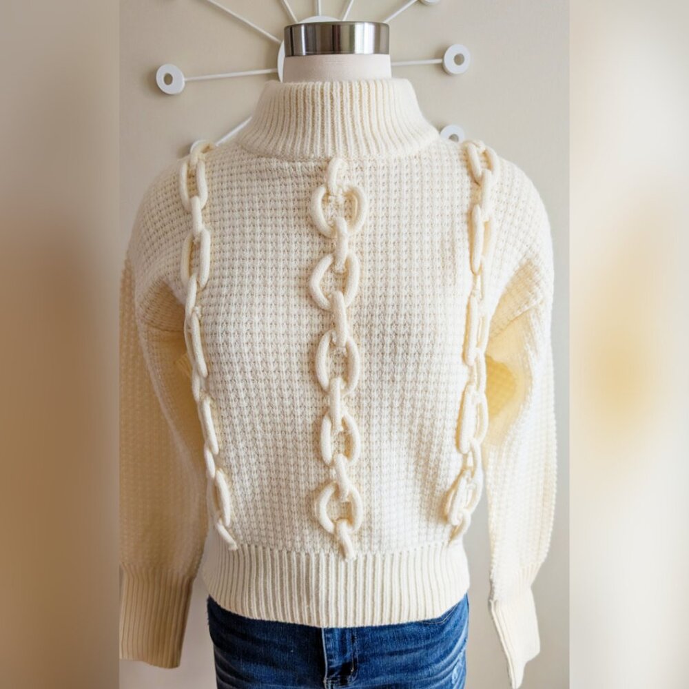 NWT Ivory Chunky Chain Waffle Knit Top Sz S & M 3D Chain Detail Sweater